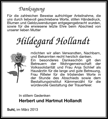 Traueranzeige von Hildegard Hollandt von Südthüringer Presse