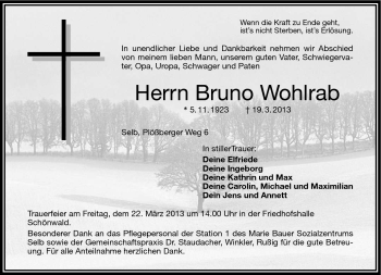Traueranzeige von Bruno Wohlrab von Frankenpost