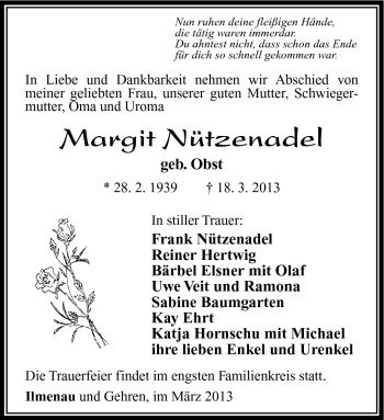 Traueranzeige von Margit Nützenadel von Südthüringer Presse