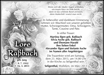 Traueranzeige von Lore Raßbach von Südthüringer Presse