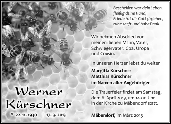 Traueranzeige von Werner Kürschner von Südthüringer Presse