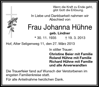 Traueranzeige von Johanna Hühne von Frankenpost