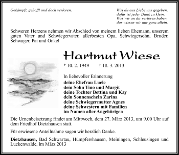Traueranzeige von Hartmut Wiese von Südthüringer Presse