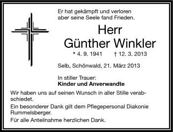 Traueranzeige von Günther Winkler von Frankenpost
