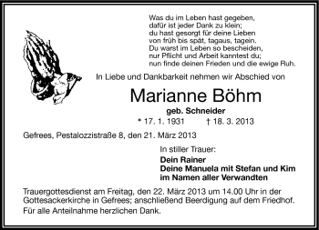 Traueranzeige von Marianne Böhm von Frankenpost