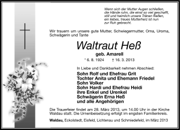 Traueranzeige von Waltraut Heß von Südthüringer Presse
