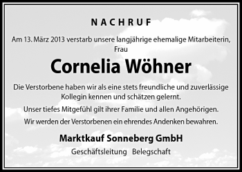 Traueranzeige von Cornelia Wöhner von Südthüringer Presse