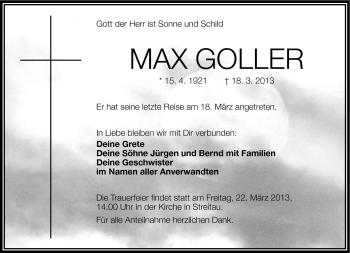 Traueranzeige von Max Goller von Frankenpost