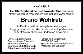 Traueranzeige von Bruno Wohlrab von Frankenpost