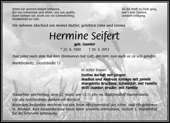 Traueranzeige von Hermine Seifert von Frankenpost