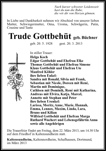 Traueranzeige von Trude Gottbehüt von Südthüringer Presse