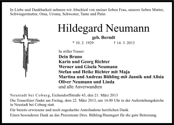 Traueranzeige von Hildegard Neumann von Neue Presse Coburg