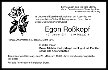 Traueranzeige von Egon Roßkopf von Frankenpost