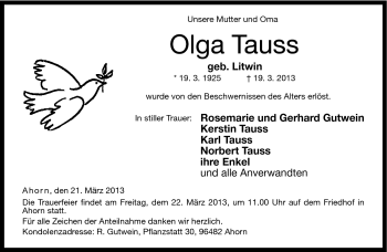Traueranzeige von Olga Tauss von Neue Presse Coburg