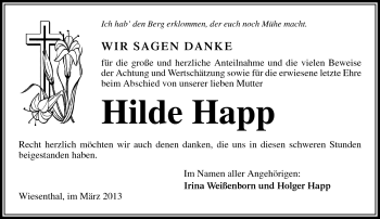 Traueranzeige von Hilde Happ von Südthüringer Presse