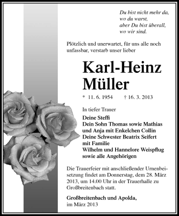 Traueranzeige von Karl-Heinz Müller von Südthüringer Presse