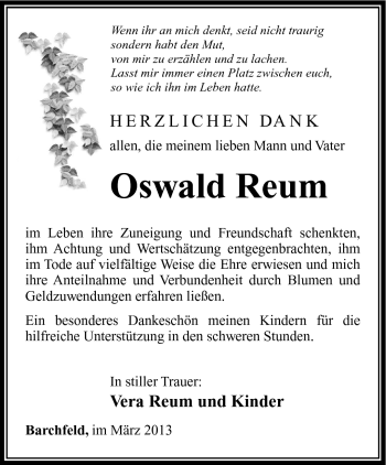 Traueranzeige von Oswald Reum von Südthüringer Presse