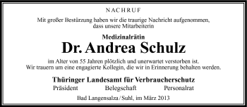 Traueranzeige von Andrea Schulz von Südthüringer Presse