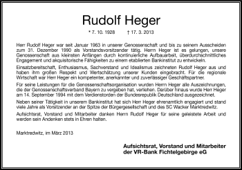 Traueranzeige von Rudolf Heger von Frankenpost