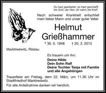 Traueranzeige von Helmut Grießhammer von Frankenpost
