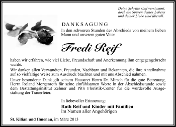 Traueranzeige von Fredi Reif von Südthüringer Presse