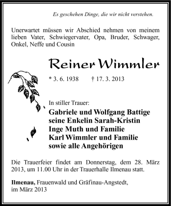 Traueranzeige von Reiner Wimmler von Südthüringer Presse