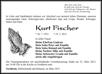 Traueranzeige von Kurt Fischer von Südthüringer Presse