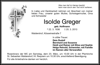 Traueranzeige von Isolde Greger von Frankenpost