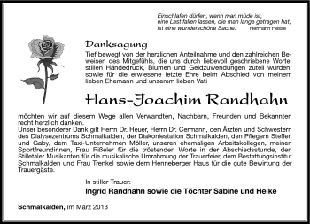 Traueranzeige von Hans-Joachim Randhahn von Südthüringer Presse
