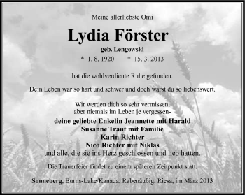Traueranzeige von Lydia Förster von Südthüringer Presse