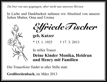 Traueranzeige von Elfriede Tischer von Südthüringer Presse