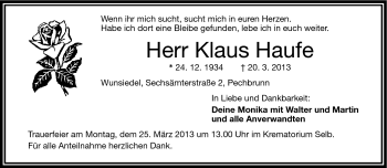 Traueranzeige von Klaus Haufe von Frankenpost