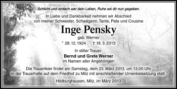Traueranzeige von Inge Pensky von Südthüringer Presse