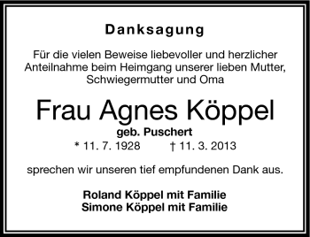 Traueranzeige von Agnes Köppel von Frankenpost
