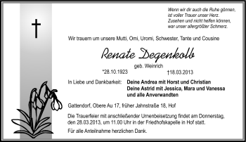 Traueranzeige von Renate Degenkolb von Frankenpost