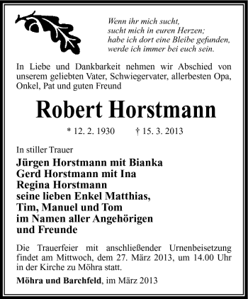 Traueranzeige von Robert Horstmann von Südthüringer Presse