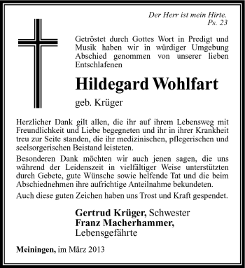 Traueranzeige von Hildegard Wohlfart von Südthüringer Presse