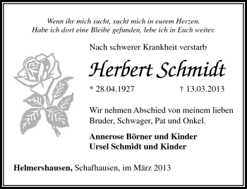 Traueranzeige von Herbert Schmidt von Südthüringer Presse