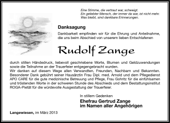 Traueranzeige von Rudolf Zange von Südthüringer Presse