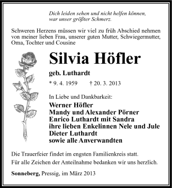 Traueranzeige von Silvia Höfler von Südthüringer Presse