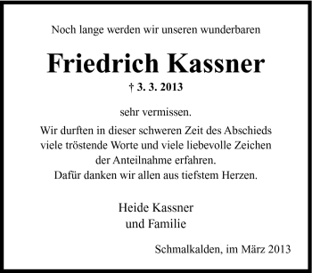 Traueranzeige von Friedrich Kassner von Südthüringer Presse