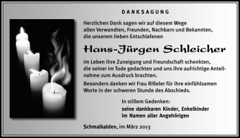 Traueranzeige von Hans-Jürgen Schleicher von Südthüringer Presse