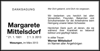 Traueranzeige von Margarete Mittelsdorf von Südthüringer Presse