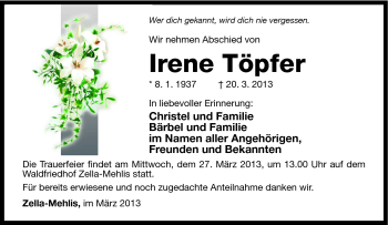 Traueranzeige von Irene Töpfer von Südthüringer Presse