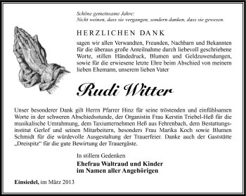 Traueranzeige von Rudi Witter von Südthüringer Presse