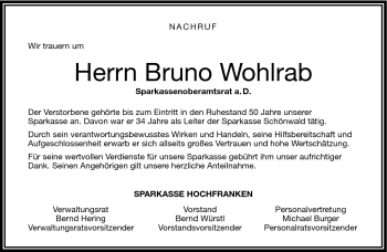 Traueranzeige von Bruno Wohlrab von Frankenpost