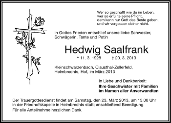 Traueranzeige von Hedwig Saalfrank von Frankenpost