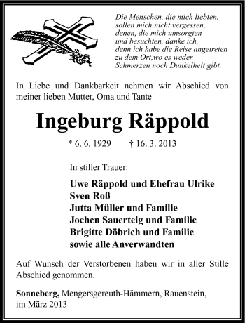 Traueranzeige von Ingeburg Räppold von Südthüringer Presse