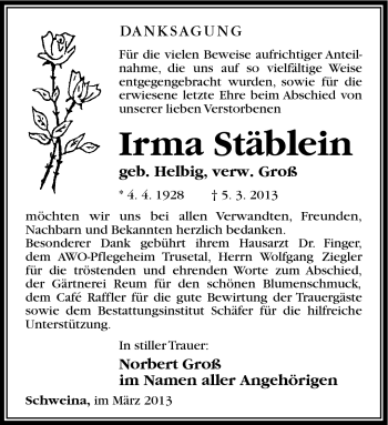 Traueranzeige von Irma Stäblein von Südthüringer Presse