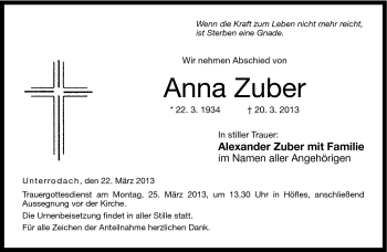 Traueranzeige von Anna Zuber von Neue Presse Coburg